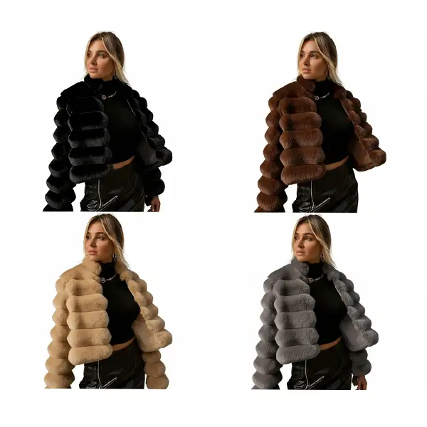 Horizontally-Striped Faux Fur Bomber Jacket – Stylish & Cozy