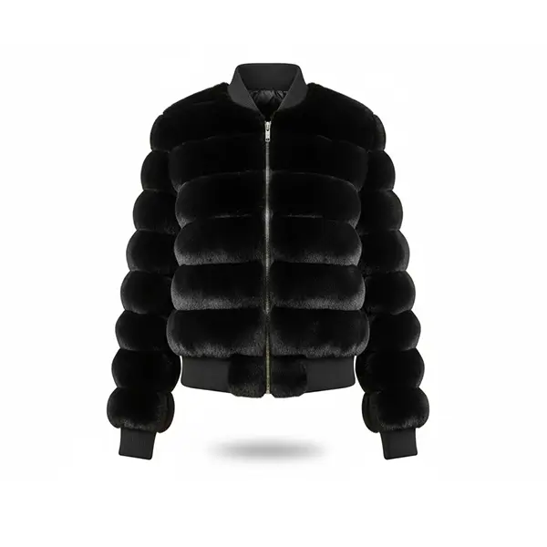 Horizontally-Striped Faux Fur Bomber Jacket – Stylish & Cozy